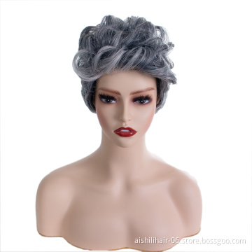 Wholesale heat resistant stort mix silvery with white color and overhead with curly  synthetic hair wigs for women